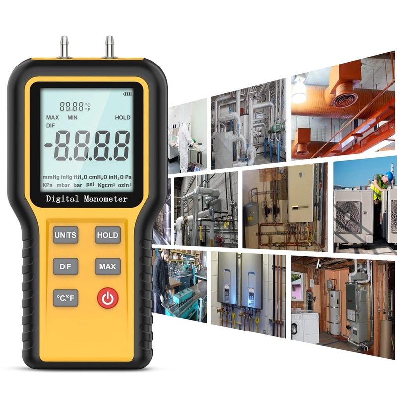 LYCEBELL جهاز قياس ضغط الغاز مانومتر، مانومتر HVAC رقمي مزدوج المنفذ مع إضاءة خلفية ووظيفة تسجيل البيانات، مقياس ضغط تفاضلي احترافي مع 12 وحدة قياس - Image 5